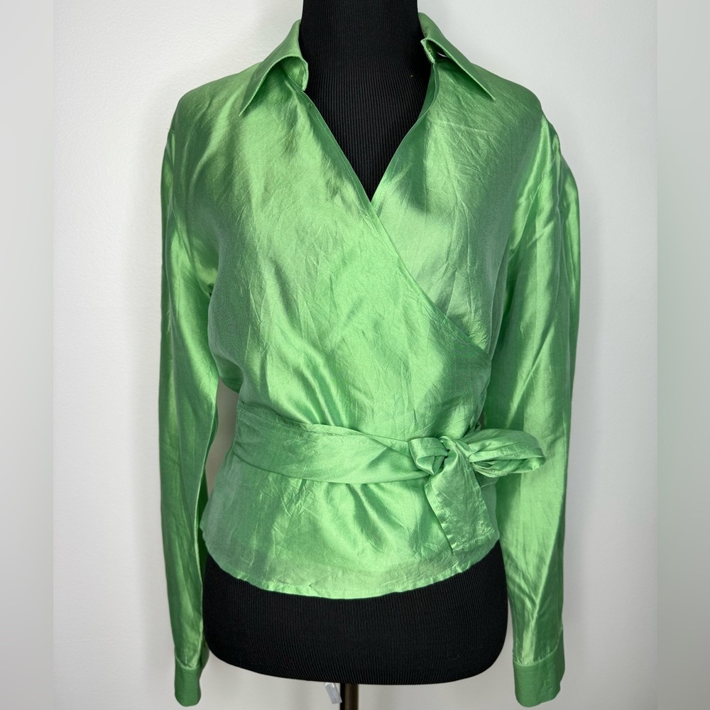 Vintage Jones New York silk iridescent green wrap blouse size 10